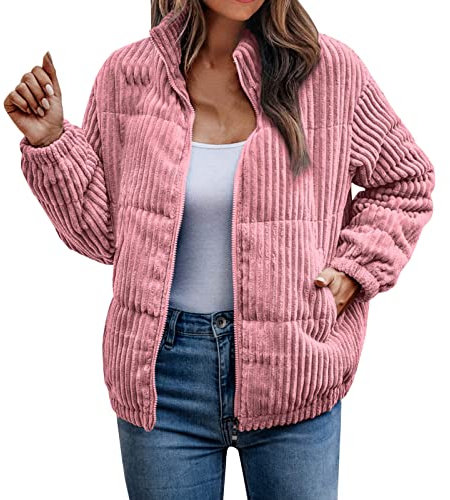 Wollmantel für Damen, einfarbig, Reißverschluss, Cord-gefüllt, Baumwolle, Stehkragen, Freizeitjacke, Brotwear, rose, 42
