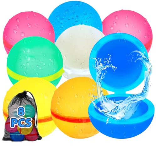Simket Wasserbomben Wiederverwendbar, 8 Stück Silikon Wiederverwendbare Wasserbomben Bomben, Wiederverwendbare Wasserballons, Magnetische Selbstschließend Wasserbomben mit Mesh-Tasche