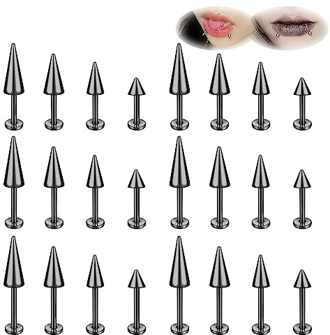 ZS 20G Spike Nose Rings Studs, 18G Stainless Steel Spike Stud Earrings, 16G Septum Lip Rings Cartilage Tragus Helix Piercing for Women Men (24pcs 16g black lip ring)
