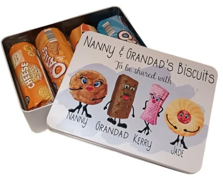 Large Personalised Biscuit Tin perfect for mum dad nana grandad friend workplace with cute biscuit characters custard cream, bakewell, iced ring, gingernut