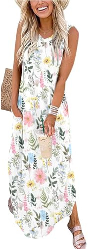 WNEEDU Robe Longue Femmes Robes d'éte Plage Robes sans Manches Col V Décontracté avec Poches Noix de Fleur en grappe XL