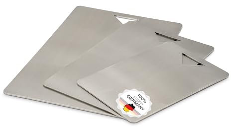 Edelstahl Schneidebrett - Für Fleisch, Fisch & Gemüse - Hygienisches Schneidbrett Metall - Stahl Brettchen Küche Plastikfrei - Küchenbrett (Mit Griff, 3er Set)