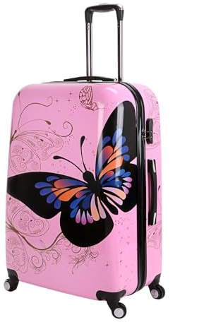 Hampton & Stewart Hard Shell 4 Wheel Suitcase PC Luggage Trolley Case Cabin Hand Butterfly Pink (Large)