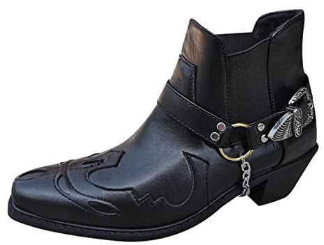 SAUTRV Botas de hombre con hebilla y tacón puntiagudo, gruesas, cortas, de goma, extra anchas, Black, 43 1/3 EU