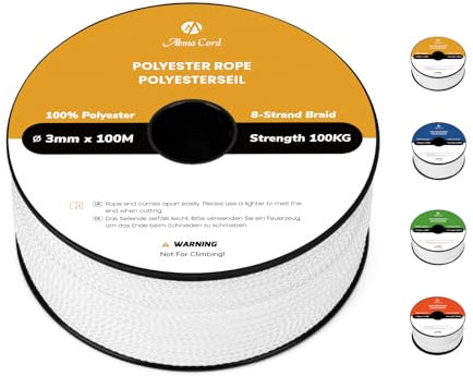 Abma Cord Corda in Poliestere Corda Intrecciata 3mm x 100m Corda Multiuso Bobina - Bianca