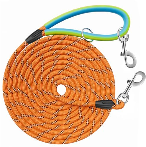 Aystkniet Reflective Training Leads for Dogs, 5M / 10M / 15M / 20M / 30M Long Line Dog Lead with Double Clip and Soft Rubber Handle, Strong Recall Training Leash for Small Medium and Large Dogs