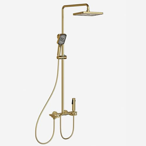Juego de cabezal y manguera de ducha tipo lluvia, ducha cuadrada, salida de 4 funciones, grifo en cascada, cabezal de ducha tipo lluvia y mezclador de juego de manguera, oro cepillado Octopus feet