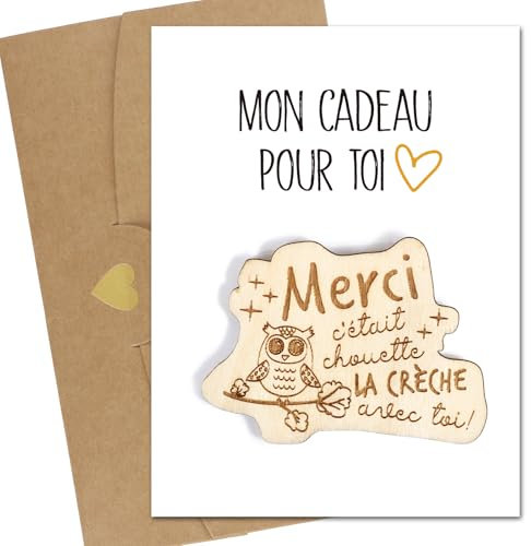 Cadeau Crèche Merci Aimant de Réfrigérateur Hibou en Bois Magnétique Magnet C'était Chouette la Crèche avec toi et Carte de Vœux Cadeau Nounou Atsem pour Tableau Magnetique Frigo Calendrier Maison