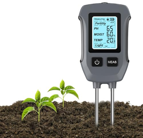 Uzoli SGS13 Medidor de Humedad del Suelo Plantas, 5 en 1 Probador de Suelo para fertilidad, Valor ph, Intensidad de luz Solar, Temperatura, Humedad del Suelo, Higrómetro para jardín y césped
