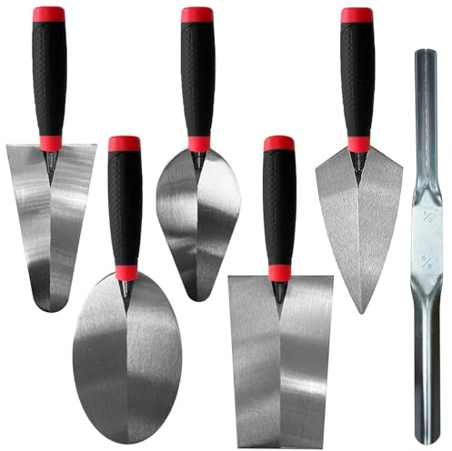 Hubaow 6-teiliges Mauerwerk-Handwerkzeug-Set, Maurerwerkzeuge, inklusive Maurerkelle, Spitzkelle, Eimerkelle, Messkelle und konvexe Ziegelfuge, tolles Werkzeug für Beton, Zement, Gips, Fliesen