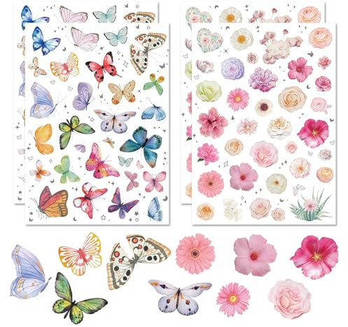 Auroriel 4 Hojas con Pegatinas de Flores y Mariposas, Ideal para Niños y Adultos, Pegatinas de Scrapbook Temáticas de Primavera, Set de Pegatinas para Decoración DIY (Col