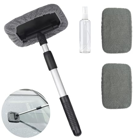 Nettoyeur De Vitres De Voiture Avec Poignée Extensible – Outil De Nettoyage De Pare-Brise Ergonomique, Tampons En Microfibre Réutilisables Pour Intérieur Et Extérieur De Véhicule, Sans Traces ﻿