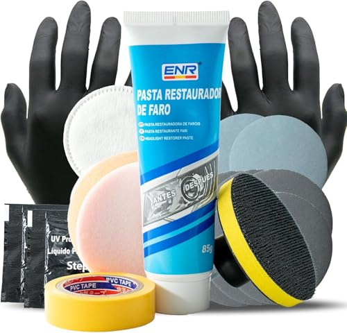 Enerfero Pulir Faros Coche+ líquido Protector,Kit Pulido reparación con Adaptador Taladro, Pasta limpiadora Potente Adecuado para Todos los Faros Amarillos Oscuros Desgastados. (60g)
