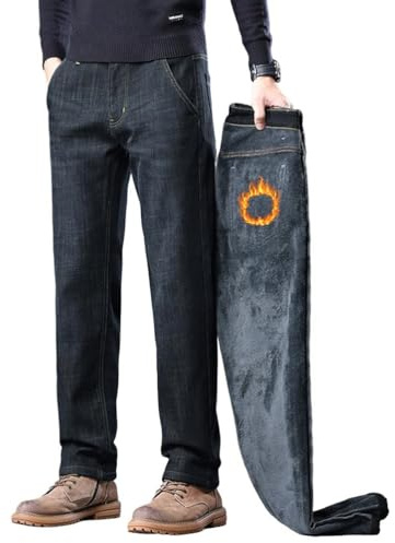 Oanviso Jeans Homme Hiver Chaud Doublure Polaire Thermique Pantalons en Denim Lâche Vintage Jean Baggy Business Chino Pantalon de Costume Streetwear B Noir L
