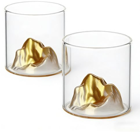 RYHMHA Set di 2 bicchieri da whisky in cristallo giapponese Fujiyama, bicchieri da 354 ml per whisky, cognac, scotch, cocktail, rum, birra (Montagna Dorata)