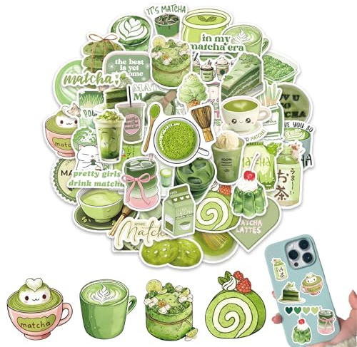 Aesthetic Matcha Juego de 50 Pegatinas Impermeables de PVC, Stickers Decorativos Kawaii Estilo Graffiti para Portátil, Bicicleta, Maleta, Kindle, Motocicleta, Scrapbook y Journal