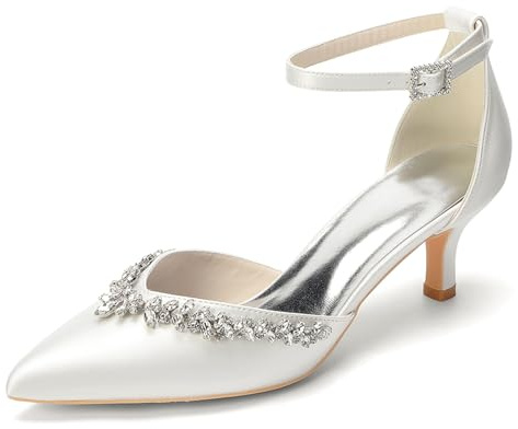 Mdrcg Décolleté da Donna in Raso Bianco con Punta Affusolata e Tacco Kitten Scarpe da Sposa con Cinturini alla Caviglia tempestati di Strass, Ideali per Matrimoni,Avorio,40 EU