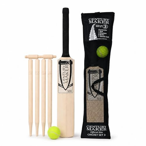 Almineez Cricket Set for Kids and Adults - 6 Piece Outdoor Garden Sports Kit with 75cm Lightweight Wooden Size 3 Cricket Bat, 4 Stumps, Tennis Ball, Bail, and Mesh Carry Storage Bag