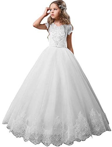 PLwedding Flower Girl Dress Kids Lace Beaded Pageant Ball Gowns (Size 8, White)