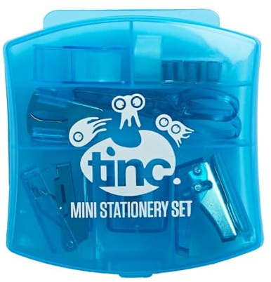 Tinc - Mini Kit de Papeterie - Ensemble avec Mini Agrafeuse Dévidoir de Ruban Adhésif Ciseaux Taille-crayon et Ôte-agrafes - Fournitures de Bureau Compactes pour École et Maison - Bleu