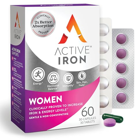 Active Iron Supplement 25mg + Multivitamin for Women, Clinically Proven to Increase Iron & Energy Levels, Maximum Absorption, Gentle, Non-Constipating, 30 Capsules + 30 Tablets in On-the-Go Foil Packs