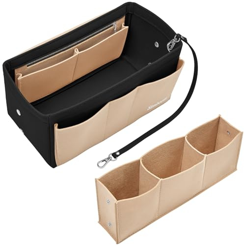 SIMBOOM Large Bag Organiser Insert, Women Handbag Insert Organizer with Detachable Bag and Key Chains (Black&Beige, L)
