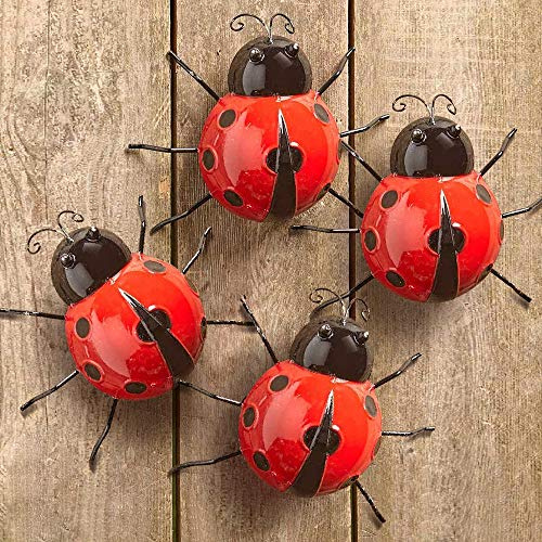 Lot de 4 coccinelles en métal pour décoration murale de jardin - Sculptures murales et statues mignonnes - Décoration extérieure - Pour cour, pelouse, porche, clôture