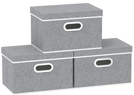 Yawinhe 3 Stück Aufbewahrungsboxen mit Deckel, Faltbare Stoffbox mit Griffen, Boxen Aufbewahrung, für Schlafzimmer, Kleideraufbewahrung, 32x23x20cm, Grau, SNK023G-3