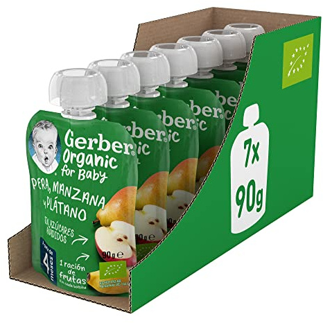 GERBER Organic Pera Manzana Plátano, Bolsita Puré de Fruta para Bebés, 7x90g, a partir de 4 meses