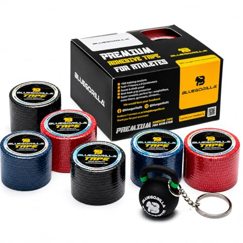 BlueGorilla Tape CrossFit Elástico Ancho (Pack de 6 Rollos) - Esparadrapo Deportivo Flexible para Hook Grip y Muñecas - Incluye Llavero de Regalo - 5cm x 7m.