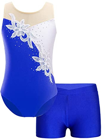 ranrann Barn flicka gymnastik trikådräkt ärmlös strass glänsande paljett med shorts outfit skridskoåkning dans kostym show 5–16 år, A Blue, 3-4 �r