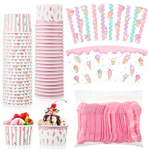 Gerrii 100 Set Ice Cream Cups with Spoons 5oz Ice Cream Bar Supplies Colorful Disposable Dessert Cups Sundae Containers Dessert Bowl for Birthday Wedding Party Yogurt Soup()