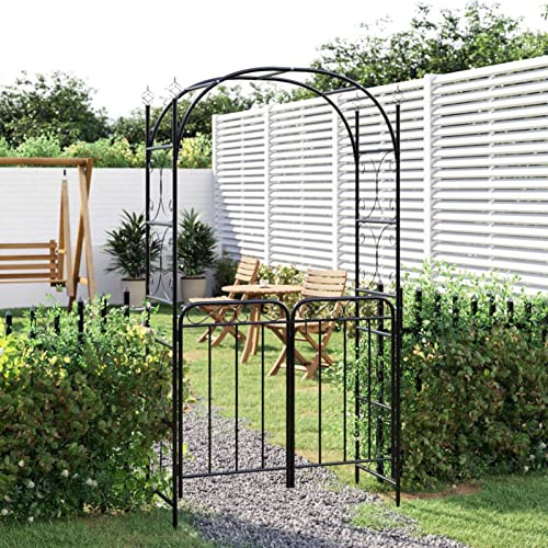 Tidyard Pergola med grind, rosbåge, valvstöd, spaljé, spaljé, trädgårdsbåge, trädgårdsgrind, trädgårdsdörr, svart, 108 x 45 x 235 cm, stål