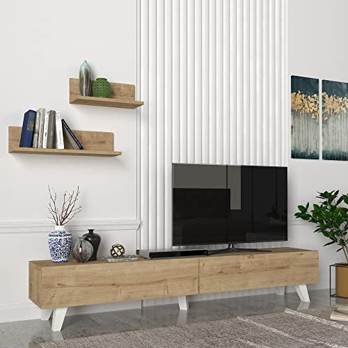 [en.casa] Juego de Mueble Salon Decorativo Mesa TV con 2 Estantes de Pared Modulos Salón Aglomerado 180 x 31 x 33 cm - Roble