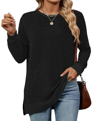 Cuptacc Pulls Femme Décontracté Col Rond Basiques Tunique Femme Longue Chic Ample Automne Chaud Pulls,Gilets et Sweats Femme Noir Grand L