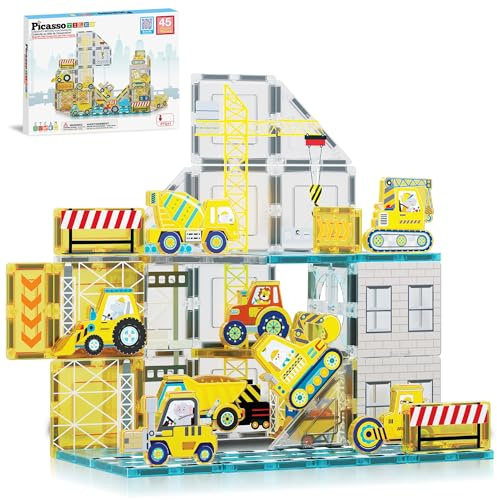 PicassoTiles Carreaux magnétiques PTQ11 - Blocs de construction magnétiques avec 8 véhicules de chantier, manivelle, pelleteuse, bulldozer, rouleau de route, bétonnière, tracteur, camion à benne