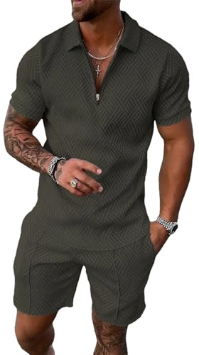 amropi Tuta Uomo Sportiva Maniche Corte Cerniera T-Shirt e Pantaloncini Estiva 2 Pezzi Set Completo Verde Scuro, L