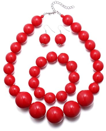 Ever Faith Large Red Beads Necklace for Prom, Resin Beaded Boho Chunky Statement Choker Necklace Hook Dangle Earrings Stretch Bracelet 1920s Costume Jewellery for Women