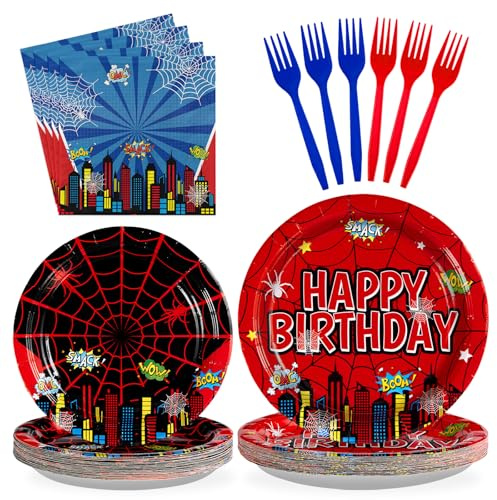 Grencian 96Pcs Cartoon Spider Birthday Party Decorations Red Blue Spider Birthday Plates and Napkins Disposable Hero Paper Tableware Set for Kids Baby Shower Super Theme Party Supplies, Serves 24