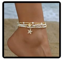 Cubahop 4 braccialetti da spiaggia a strati con stella marina, dorati, estivi, perline, accessori per piedi, gioielli elastici per le donne, Misura unica, Metallo, Nessuna pietra preziosa