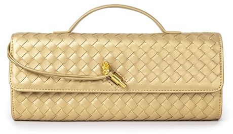 Joryin Woven Purse for Women Evening Clutch Woven Leather Handbags Crossbody Bag Purse Formal Evening Bag, Champagne Gold