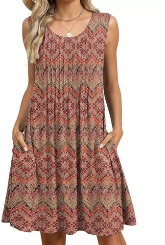PICKLION Robe Ete Femme Mi Longue Robes Plage Boheme Robe Chic Floral sans Manche Robes avec Poches S-2XL