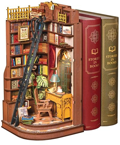 ROBOTIME Book Nook in Legno – Booknook Casa in Miniatura da Costruire con Luci, Puzzle 3D Creativo per Adulti e Ragazzi, Decorazione da Libreria (Silent Corner Study)