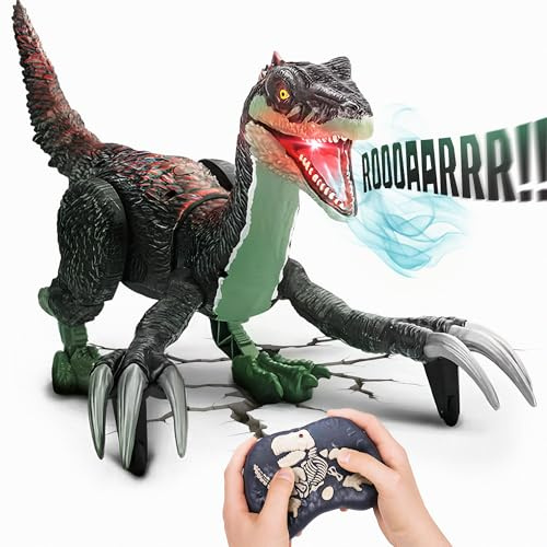 Remote Control Dinosaur Toy for Kids - RC Dinosaur - Walking Velociraptor Toy with Mist Spray, Lights & Roar - Birthday Gift Ideas for Boys and Girls 3-5 5-7 8-12 Year Old