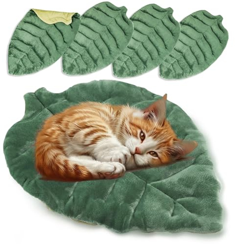 Novabright 4 Pcs Leaf Shaped Green Self Warming Cat Bed Mat 28''x 16'' Double Sided Velvet Washable Self Heating Pet Mat for Cats and Small Medium Dogs Indoor Bed Couch Sofa Floors