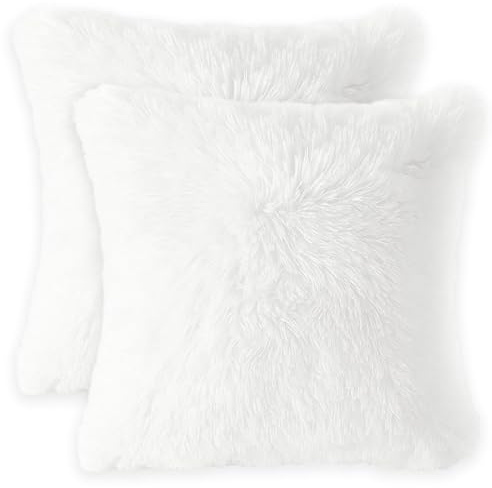 QhgPnt 2pcs White Cushion Covers, Fluffy Cushion Covers for Bed, Decorative Pillows for Bed, White Fluffy Cushions, 45cm x 45cm Faux Fur