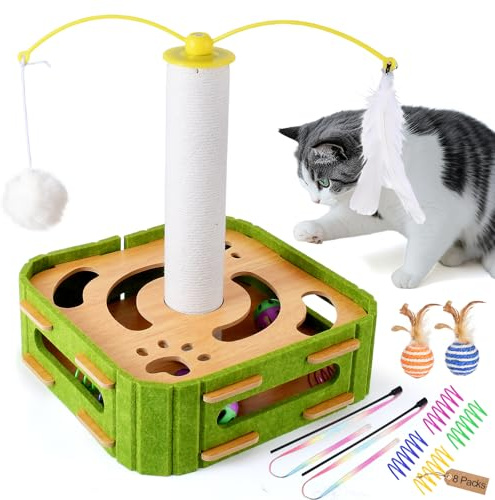 GLYVIAN 5-in-1 Cat Toys Interactive Wooden Cat Puzzle Toy Intelligence Treat Puzzle Feeder Box Game Enrichment Accessories with Jingle Balls, Wands, and Spiral Springs for Indoor Kitten Adult Cat
