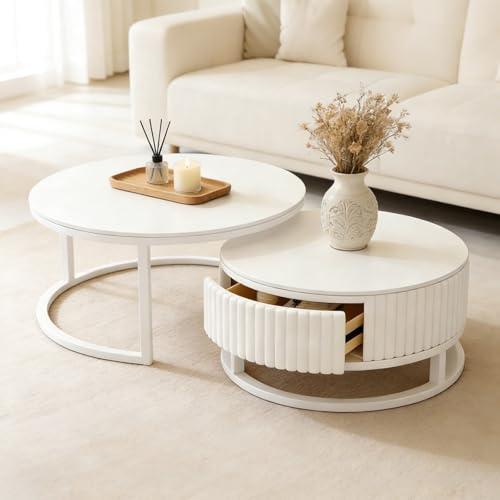 2-pack Soffbord Rundt Vitt Marmor Vardagsrumsbord Vitt Med Förvaringsutrymme Låda Rundt Soffbord Vitt Vitt Soffbord Utdragbart Soffbord Vardagsrum För Soffa