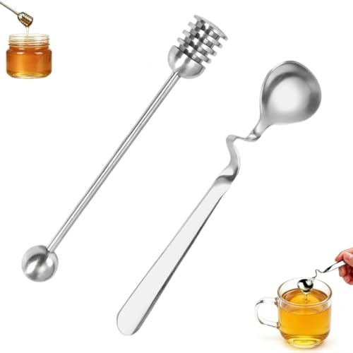 ikBrtaiay 2 Piezas Cuchara de Miel Cuchara, Dispensador de Miel Cuchara Miel Agitador de Acero Inoxidable para Mermelada, Yogur, Miel, Palitos de Miel en Espiral de Miel, Agitadores de Palitos de Miel