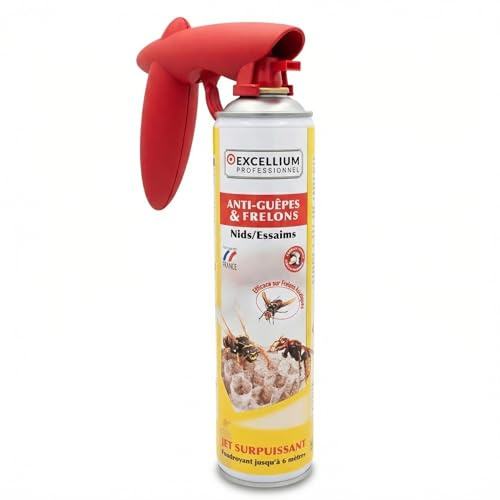 EXCELLIUM PROFESSIONNEL – Aérosol Anti-Guêpes et Frelons Foudroyant 600ml – Spécial Nids et Essaims – Jet Surpuissant 6m – Modèle Pompiers avec Poignée – Efficace Frelon Asiatique